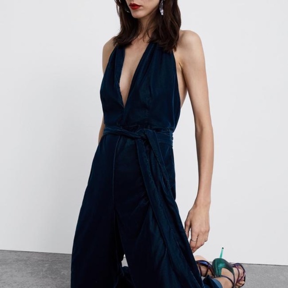 Zara Deep Teal Halter Velvet Jumpsuit - Picture 7 of 12